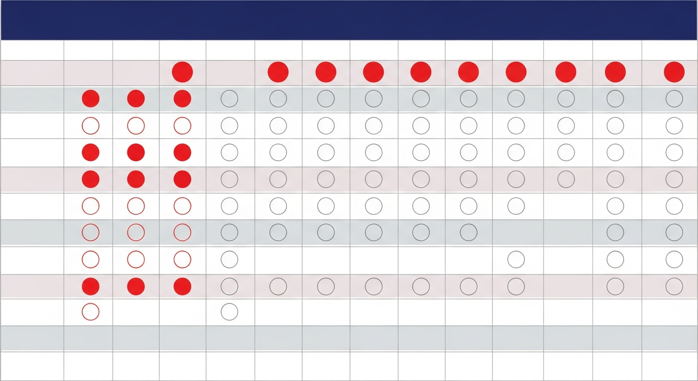 A sample allergen matrix table with menu items running down the left and the 14 UK named allergens across the top, using solid red dots for 'contains', hollow circles for 'may contain', and blank cells for 'does not contain'.