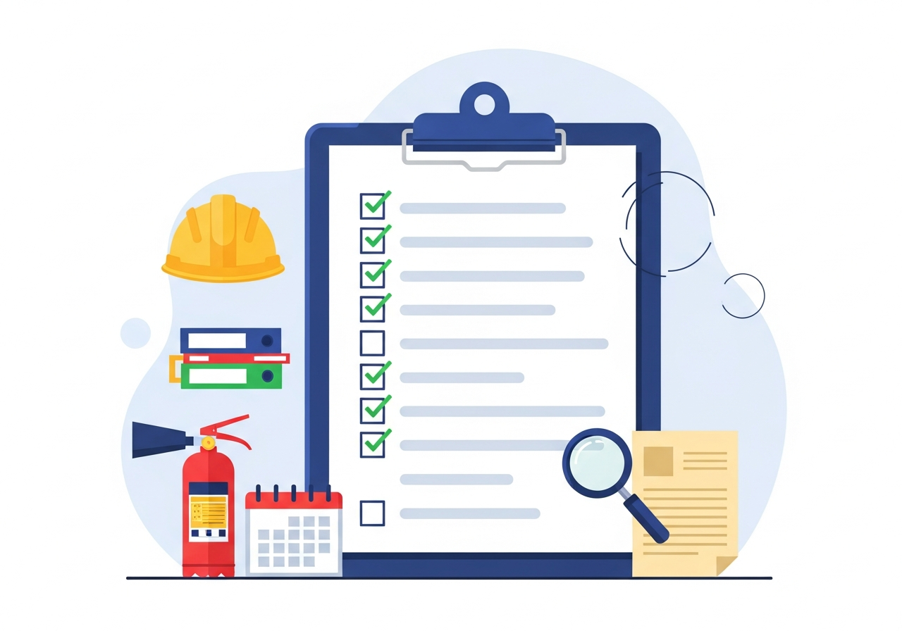 A flat-design illustration of a clipboard with a green-ticked compliance checklist, surrounded by icons for a hard hat, fire extinguisher, folders, magnifying glass, calendar and a document — representing an HSE inspection-ready records pack.