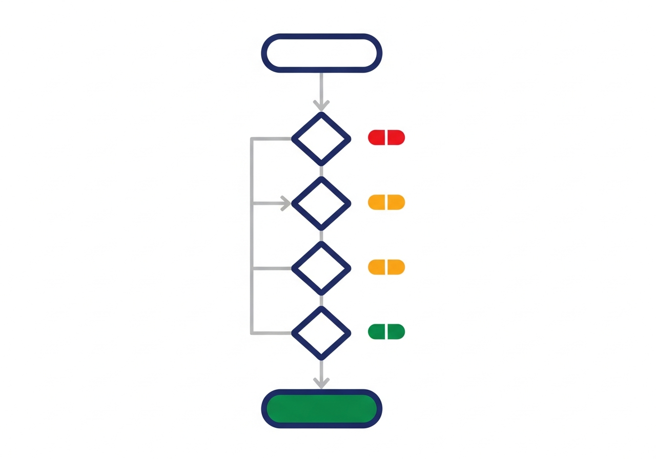 A simplified RIDDOR reporting decision tree: a workplace incident enters at the top, flows through diamond decision points (death, specified injury, over-7-day injury, member of public to hospital, listed disease or dangerous occurrence) with red, amber and green status pills indicating the reporting urgency, and ends with an internal accident book record kept for three years.